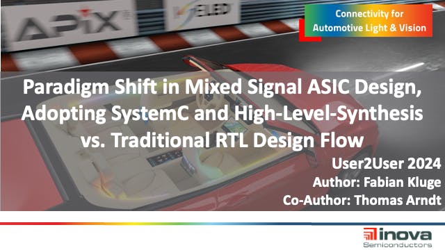 Title slide from the session: Paradigm Shift in Mixed Signal ASIC Design, Adopting SystemC and High-Level-Synthesis vs. Traditional RTL Design Flow