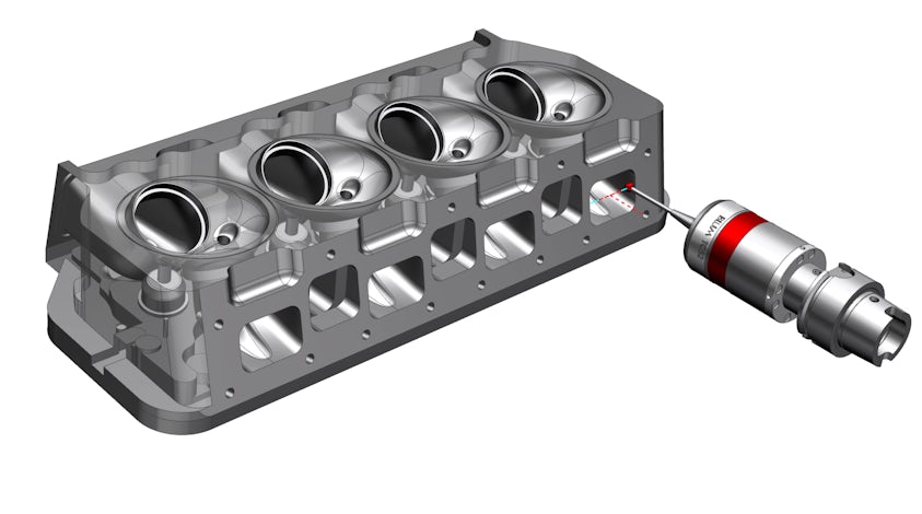 A 3D rendering of a cylinder head from an engine block reveals four chambers with an NX CAM On-Machine Probing system nearby, emphasizing precision engineering and mechanical details.