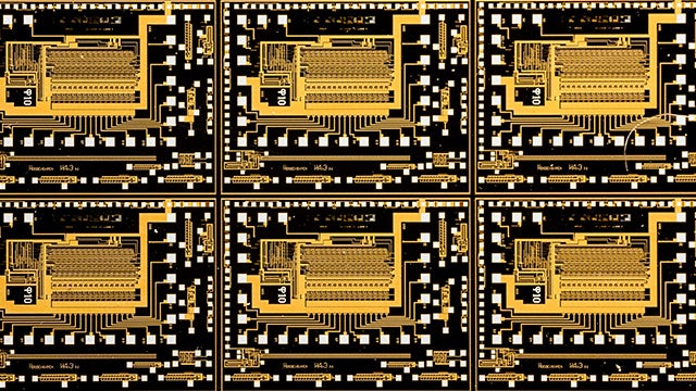 Close-up photo of multiple ICs on a wafer