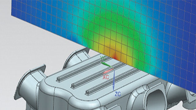 Computer graphic of a Simcenter vibro-acoustic analysis being performed on an integrated, coupled solution.