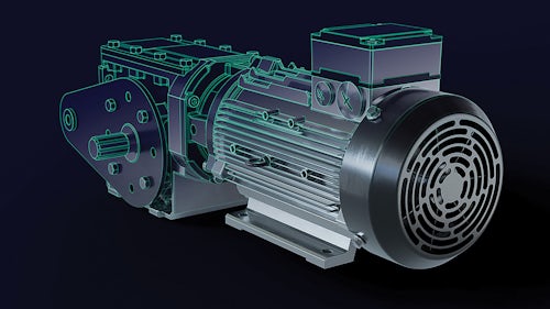 Koncepční konstrukční výkres komponenty průmyslového stroje připomínající motor.