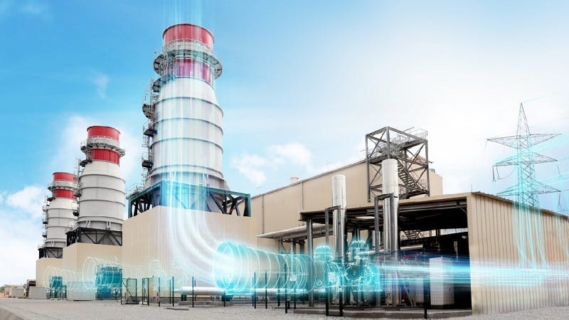 Power plant with three red and white exhaust stacks with digital overlay