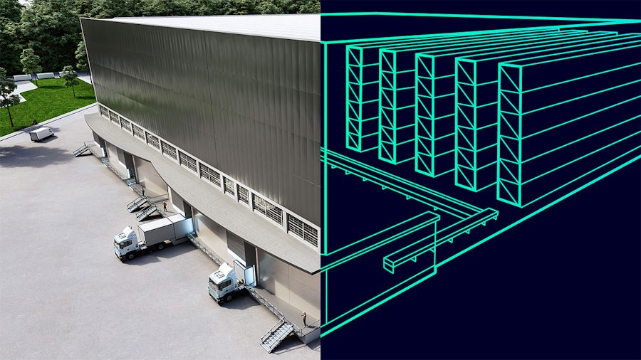 Modern logistics warehouse with loading docks and trucks, shown alongside a 3D digital twin model illustrating interior structure and storage layout.