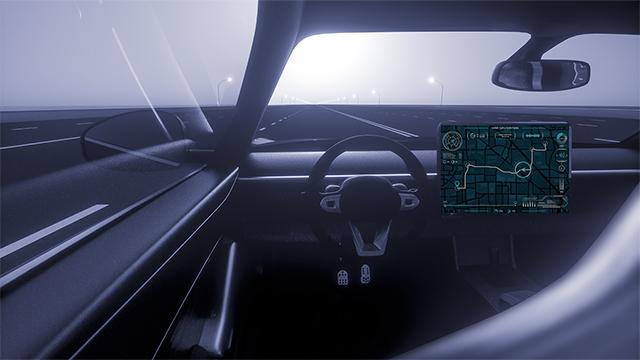 Electric car using autonomous driving with a navigation system visible while traveling on an open road.