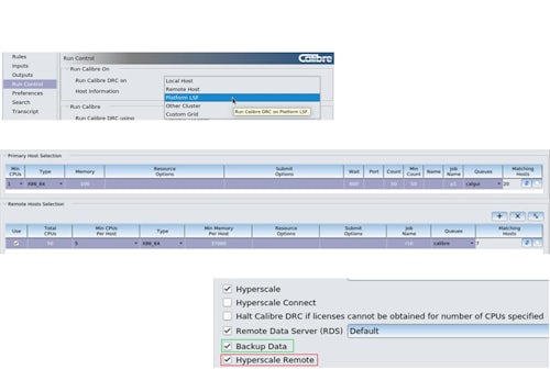 Screenshots showing some of the different configuration options that display in the Calibre Interactive GUI, including “Run Calibre On” options, automated resources display, and different run options.