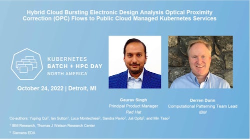 Title slide for KubeCon 2022 presentation about running Calibre OPC jobs in hybrid burst mode on IBM OpenShift