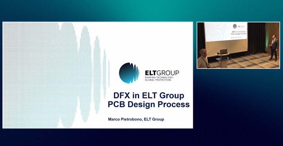 Presentation title slide "DFX in ELT Group PCB Design Process" by Marco Pietrobono, featuring ELT Group logo with tagline "Shaping Technology Global Protection". Dotted pattern design on left. Small inset shows presenter speaking.