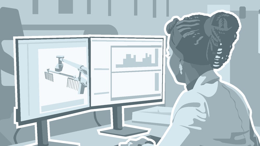 A graphic image of an engineer designing a food & beverage production machine