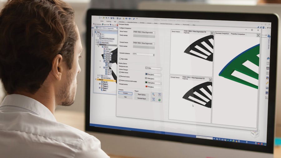Un ingegnere progettista lavora alla progettazione di un componente di una macchina utilizzando il software Solid Edge nella sua postazione di lavoro.