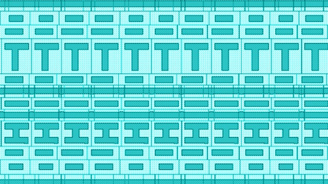 A digital abstract pattern composed of repeating geometric shapes in shades of blue and turquoise. The design resembles a circuit board or semiconductor memory layout, with interconnected rectangular and T-shaped elements creating a structured, high-tech appearance.