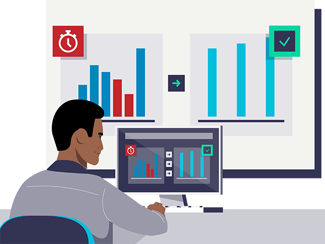 Illustration d'un travailleur devant un écran d'ordinateur. Il consulte des données de gestion du temps et d'équilibrage des lignes de performance. Une image agrandie de ces mêmes données est projetée sur le mur derrière l'écran de l'ordinateur.