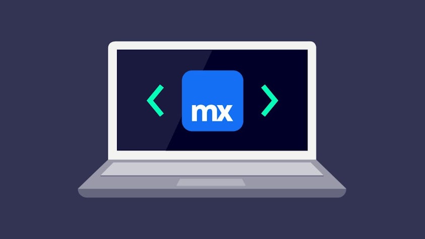 Graphic with blue background, laptop computer. The light blue Mendix square logo and white mx are on the laptop screen. 