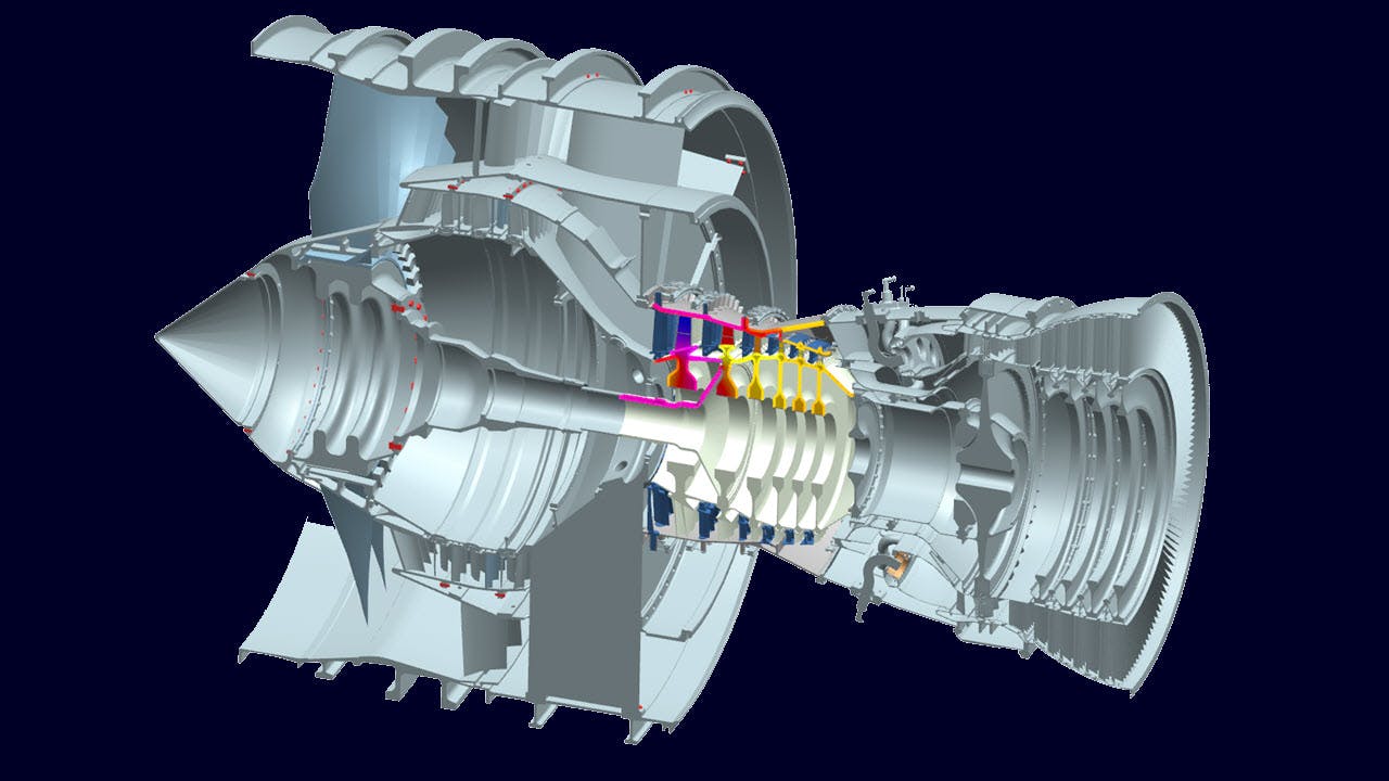 3D CAE model of a jet engine turbine with cross-sectional view showing internal components and stress analysis visualization.