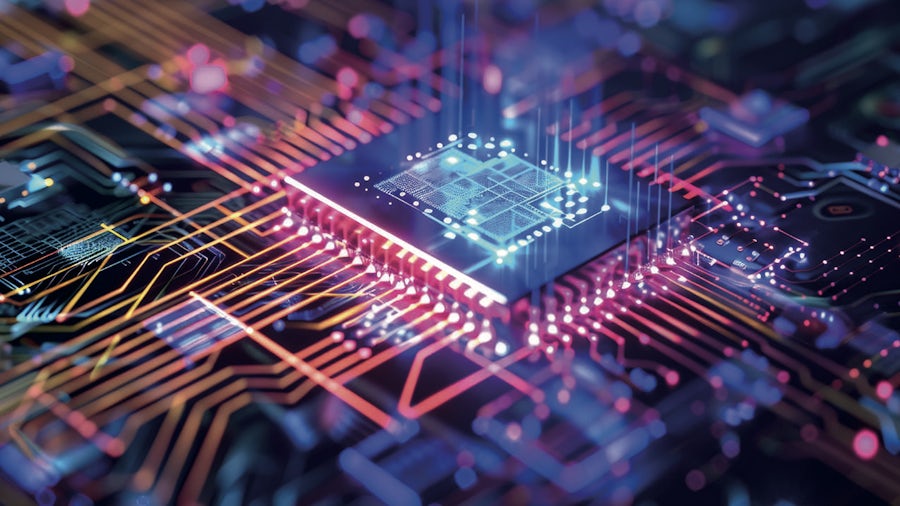stylized IC on PCB with light shooting out through the IC pins and PCB traces