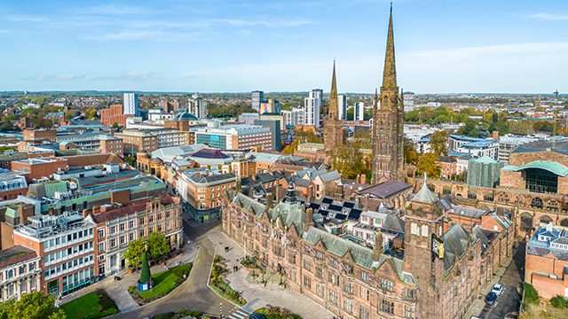 Aerial view over Coventry city in the United Kingdom.
