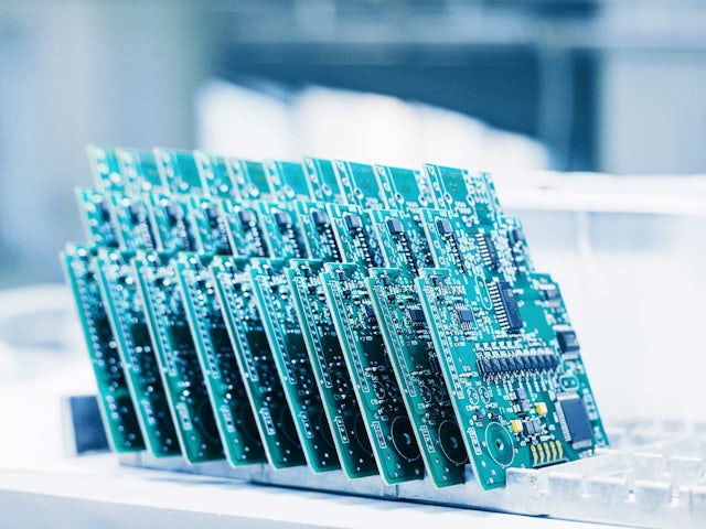 PCBs on rack in electronics manufacturing factory for PCB quote