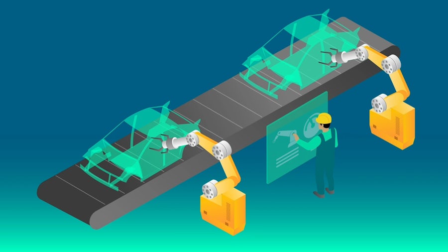 An Illustration Showing Electric Vehicles Being Built Virtually First on the Assembly Line of a Manufacturing Plant