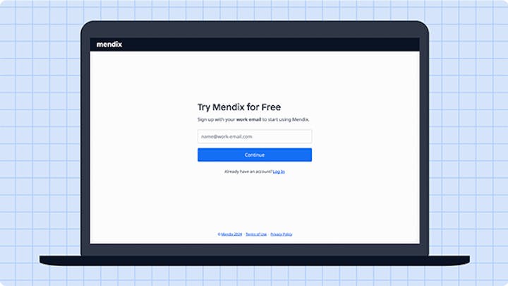 Laptop screen displaying the Mendix sign-up page with the message "Try Mendix for Free" and a field to enter a work email address.