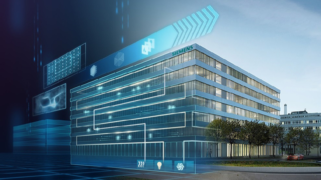 Kancelářská budova s modrým překrytím výrobního plánování.