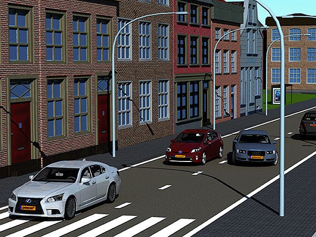 Trzy samochody przedstawione w symulacji zautomatyzowanych funkcji pojazdu wykonanej przy użyciu oprogramowania Simcenter Prescan Software.