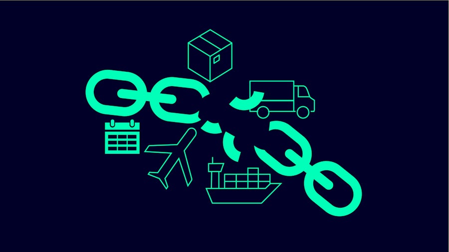 Graphic of the supply chain process being broken. The supply chain is represented by a box, a truck, a ship, a plane, and a calendar which has a broken chain link going through the middle.