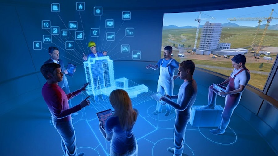 Engineers collaborating using a digital twin in a blue environment