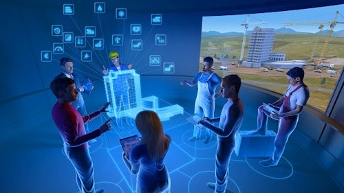 Engineers collaborating using a digital twin in a blue environment