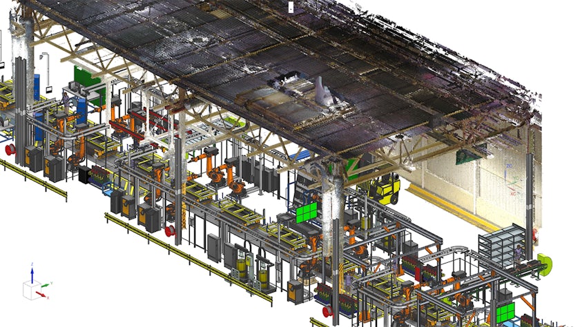 Digital factory layout in Siemens Line Designer X overlaid with point cloud scan data demonstrating how planners validate and optimize layouts by comparing virtual models with existing plant conditions, using intelligent streaming to manage large scans. 