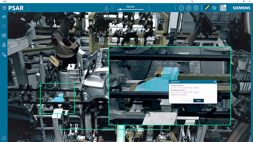 Augmented reality and real-time computational calibration for sub-millimeter accuracy is used to analyze the alignment of Process Simulate studies to their real world twins.