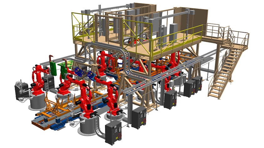 Digital factory layout created in Line Designer X integrated with Teamcenter, featuring robotic and automated workcells. 