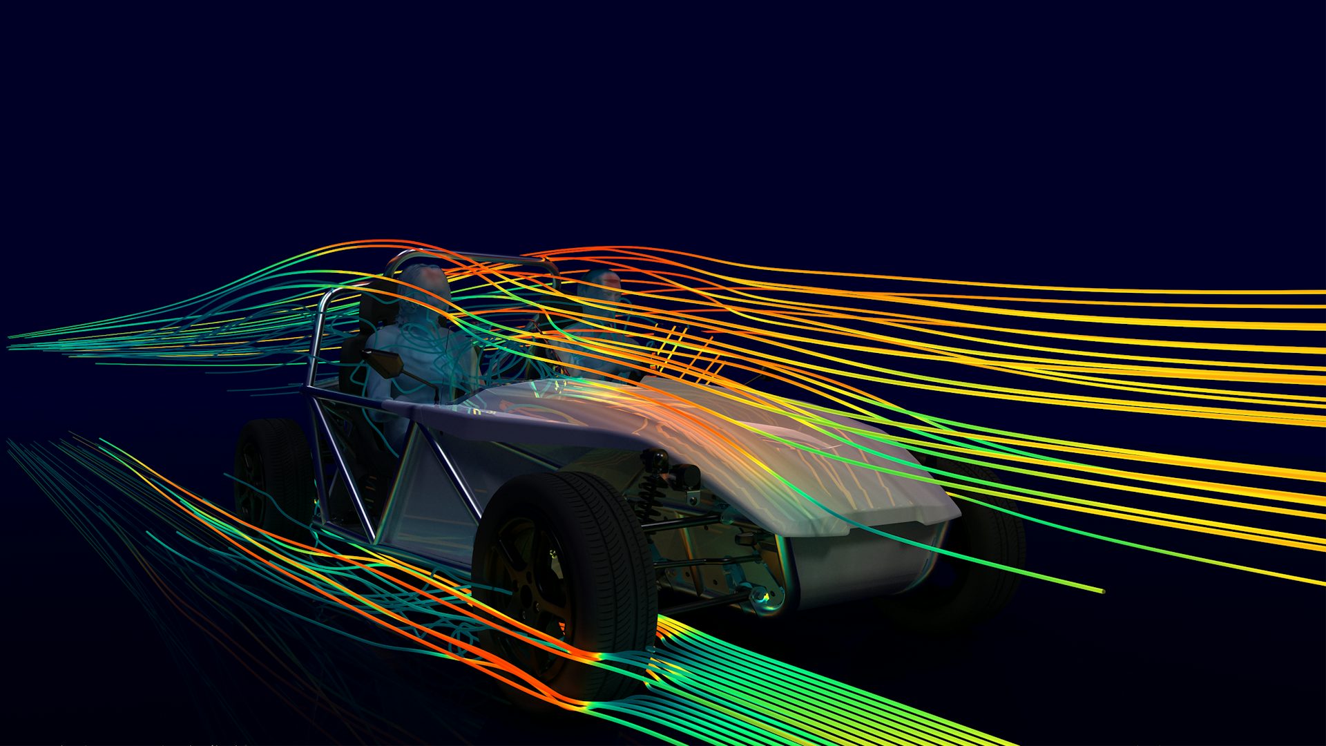 A car with colored lines bending around it as part of a computational fluid dynamic simulation