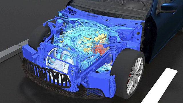 An AI-driven computational fluid dynamics (CFD) simulation on a car visual from the Simcenter STAR-CCM+ software.