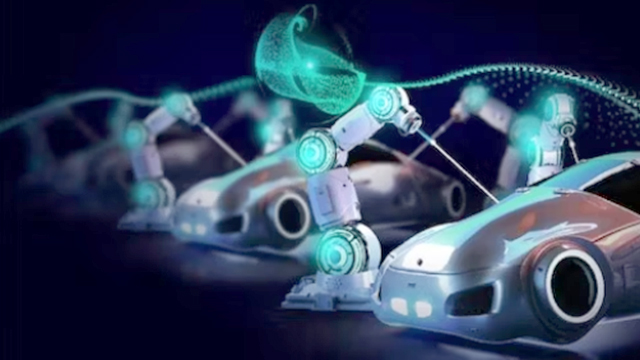 Digital graphic of cars on an assembly line
