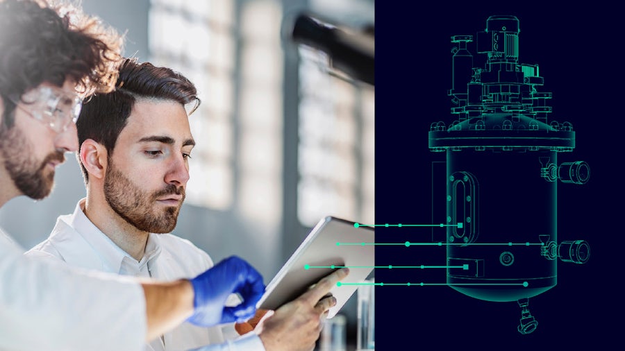 Two scientists looking at a tablet next to a visual of a piece of pharma equipment digital twin.