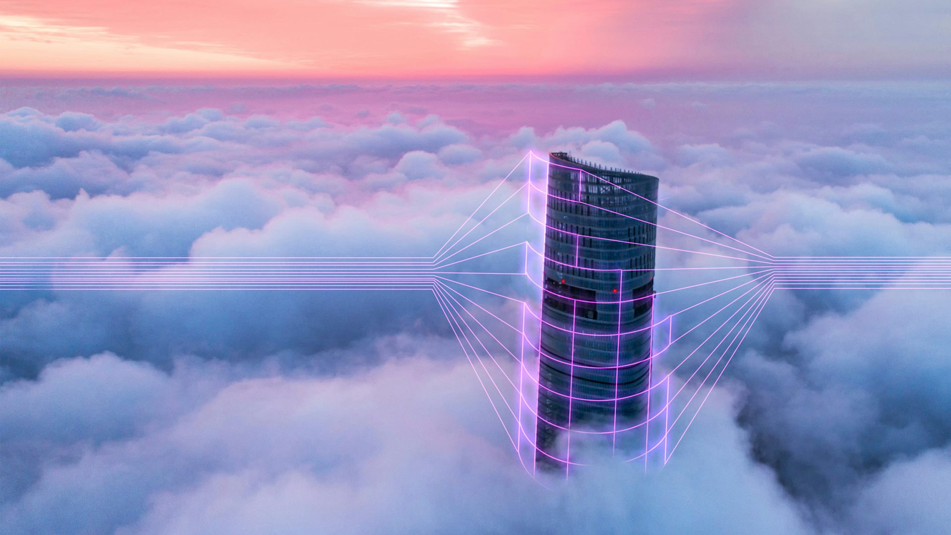 Digitální věž obklopená mraky.