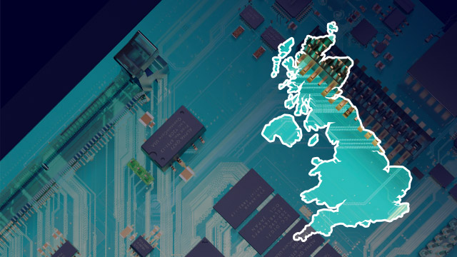 A PCB board with an outline of the United Kingdom on the side.