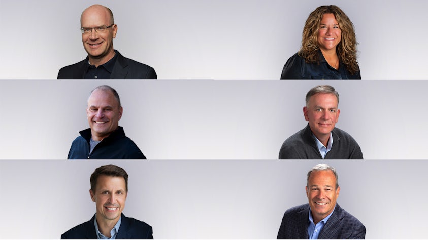 Headshot photos of Siemens Digital Industries Software Leadership team, Joe Bohman, Brenda Discher, Mike Ellow, Tony Hemmelgarn, Timo Nentwich and Robert Jones.