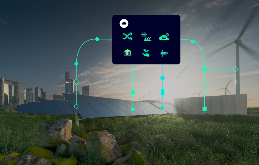 Solar panels in front of city with digital overlay