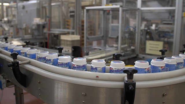 Production line of Mentos candy manufactured by Perfetti Van Melle.