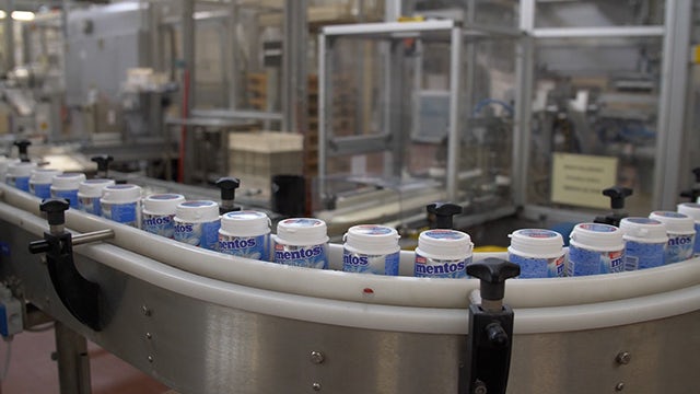 Production line of Mentos candy manufactured by Perfetti Van Melle.