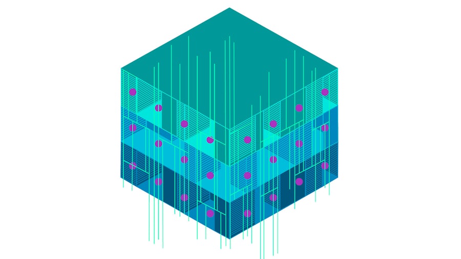 Stylized IC layout, with rectangles in multiple shades of blue representing layers, purple dots representing inserted vias, green lines presenting inserted parallel run lengths, and solid grid representing inserted filler and DCAP cells. 