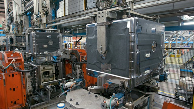 Automated appliance assembly line in an Electrolux factory.