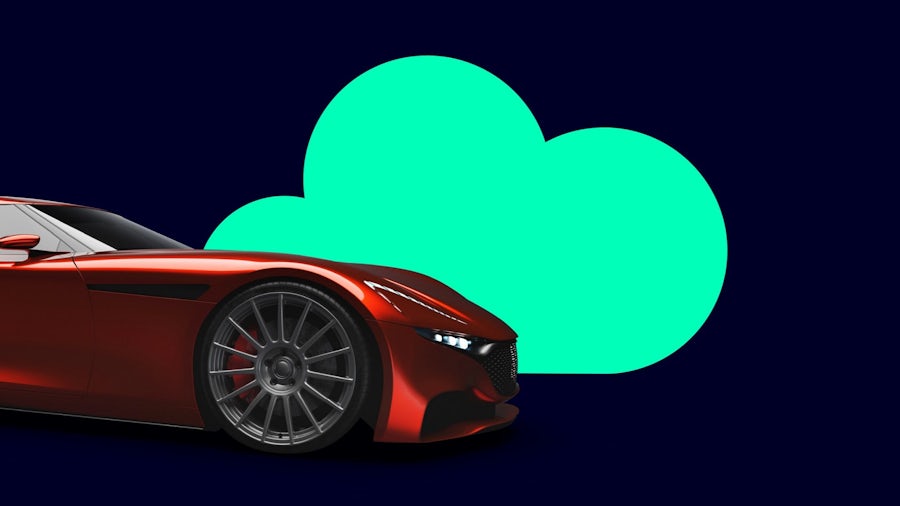 Immagine di un'auto sportiva rossa ad alte prestazioni davanti a una sagoma verde a forma di nuvola su uno sfondo blu scuro.