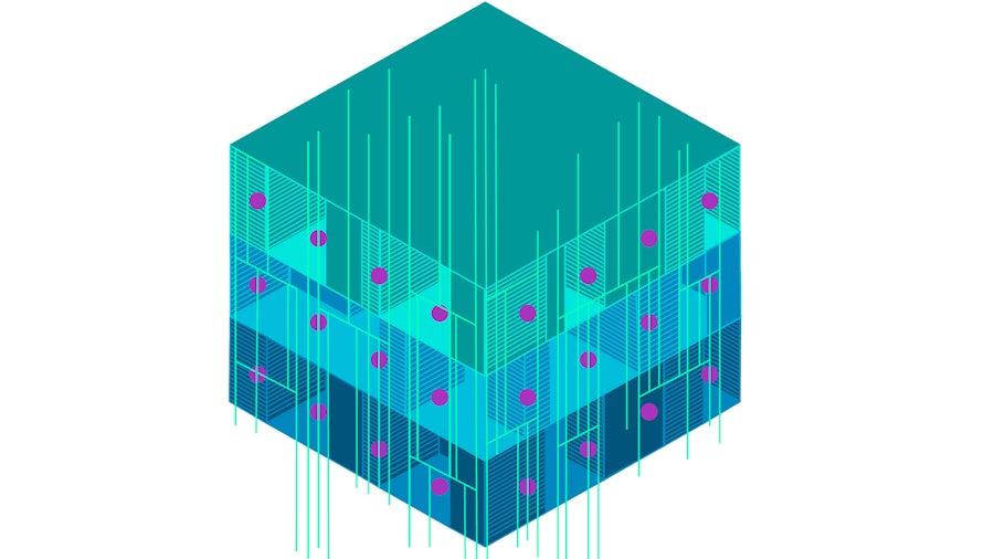 Stylized cube representing an IC, with lines, dots, and grids representing inserted vias, parallel run lengths, and filler cells.