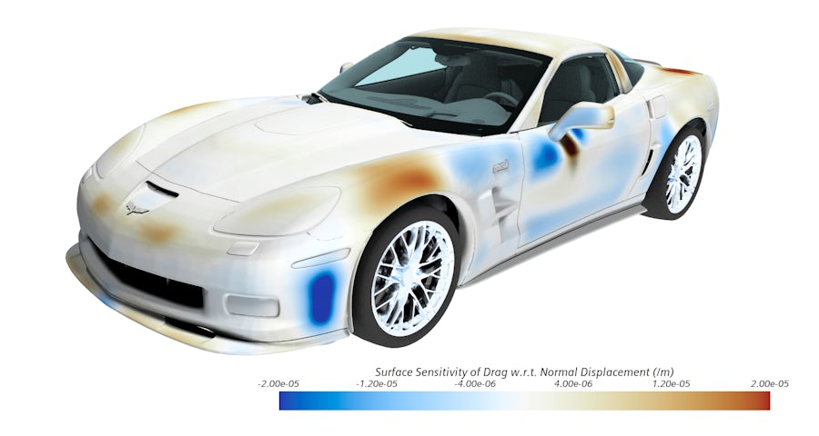 A digital representation of a vehicle with highlighted areas of blue and white showing high and low aerodynamic drag on the body design.