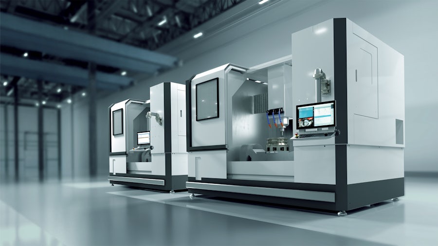 A CNC machine sits in an empty, pristine factory.