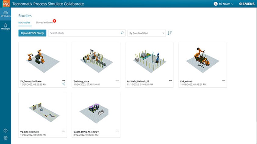 A collection of available studies for review in the Tecnomatix Process Simulate Collaborate software user interface.