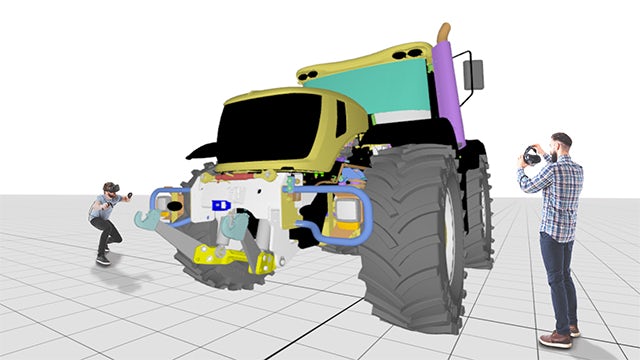 3D image of a bulldozer design, with two people standing next to this as though in virtual reality.