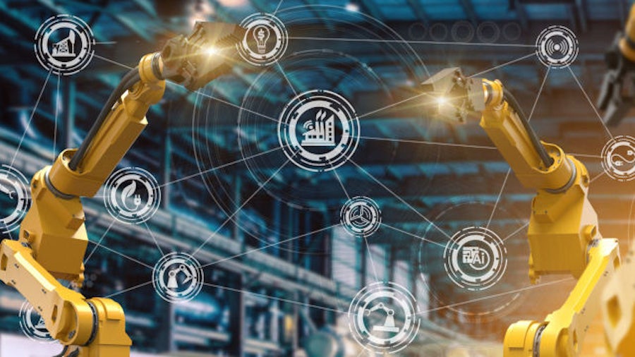 Robotic factory with icons connecting the devices