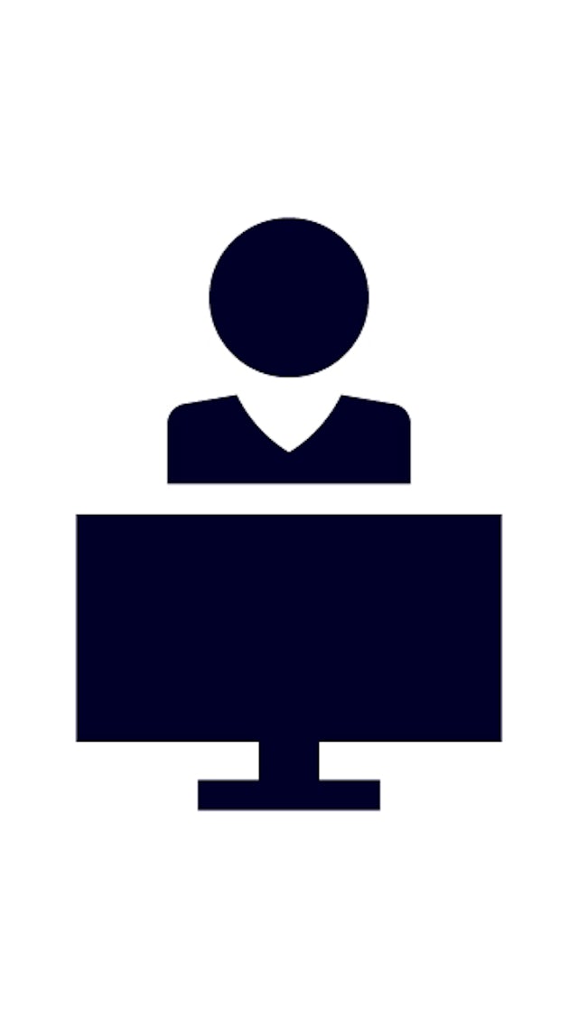 Icon of a person behind a computer monitor.